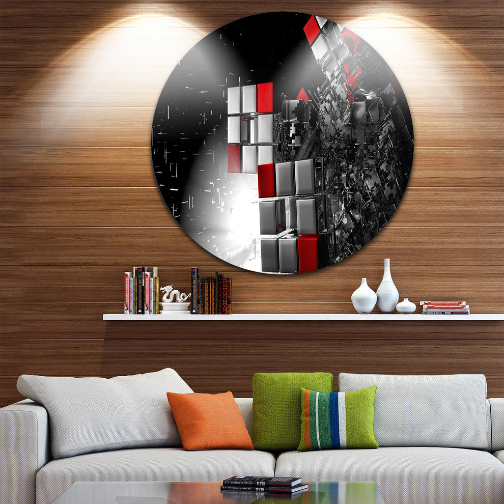 Fractal 3D Red White Cubes, Abstract Art Round Wall Art, 23"