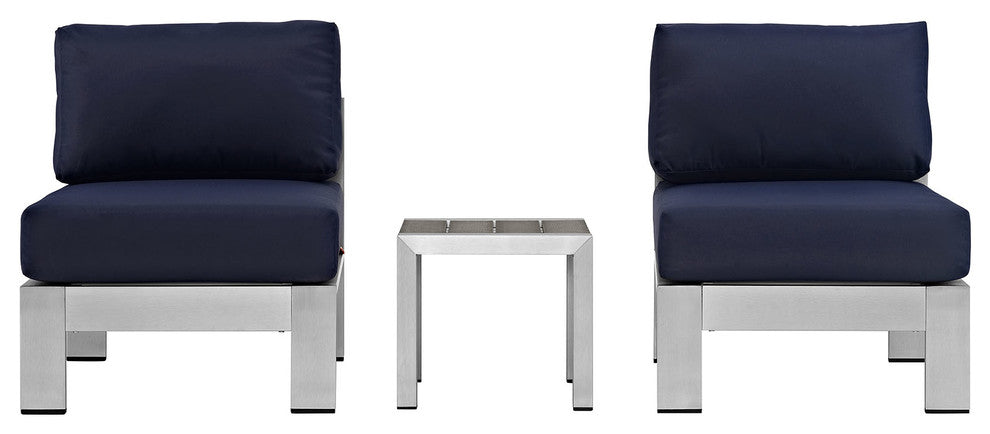 Shore 3 Piece Outdoor Patio Aluminum Sectional Sofa Set, Silver Navy