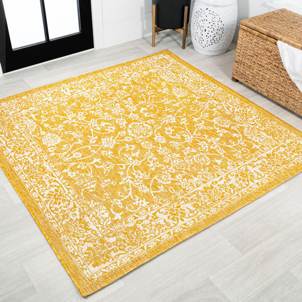 Tela Boho Textured Weave Floral Indoor/Outdoor Rug, Yellow/Cream, 5' Square