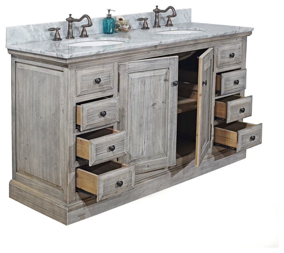 61" Rustic Solid Fir Sink Vanity, Gray, No Faucet