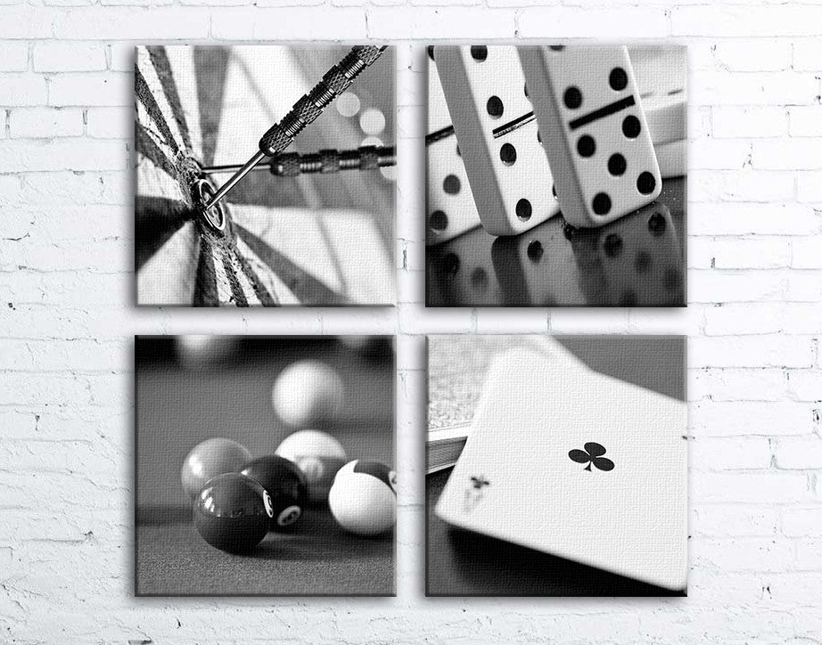 4-Piece Game Room Square Canvas, Contemporary Black and White Wall Art, 24"x24"