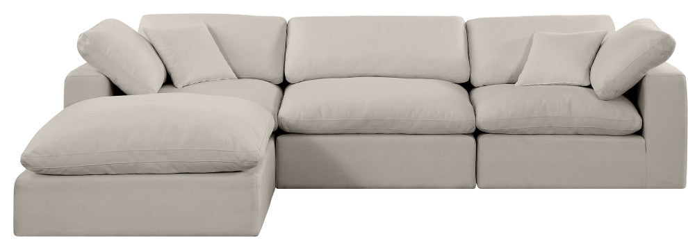 Comfy Upholstered L-Shaped Modular Sectional, Beige, 4-Piece: 1 Armless Chair, 2 Corner Chair, 1 Ottoman, Linen Textured Fabric