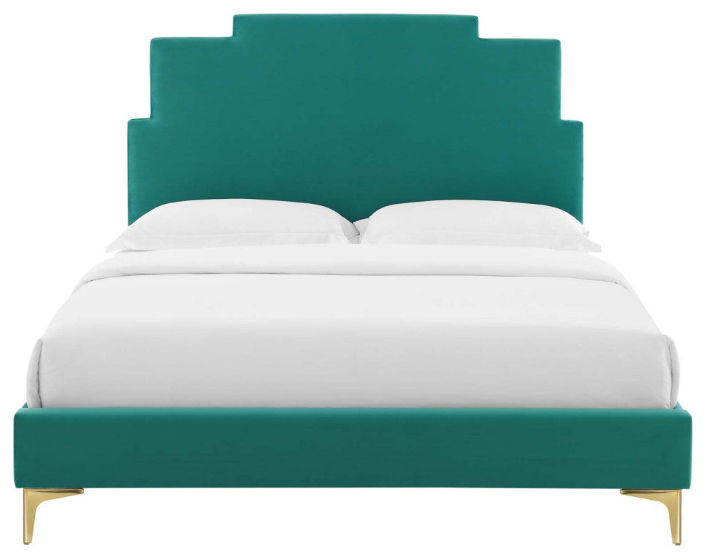 Platform Bed Frame, Queen Size, Velvet, Teal Blue, Modern Contemporary, Bedroom