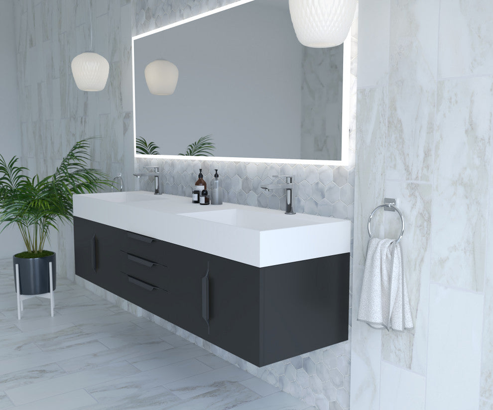 CastelloUSA Amazon 72" Wall Mounted Vanity Set, Black, White Top, Black Handles