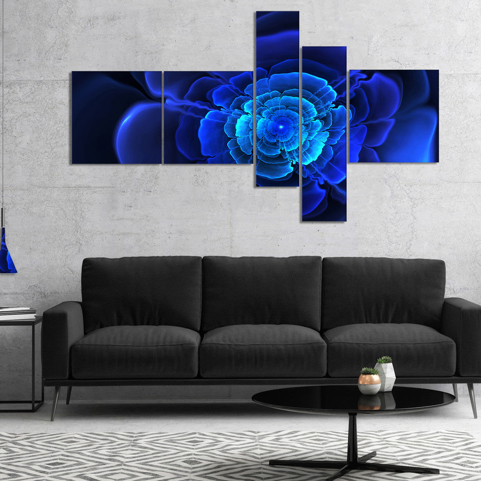 Bright Blue Fractal Flower in Dark, Floral Canvas Art print, 60"x32", 5 panels