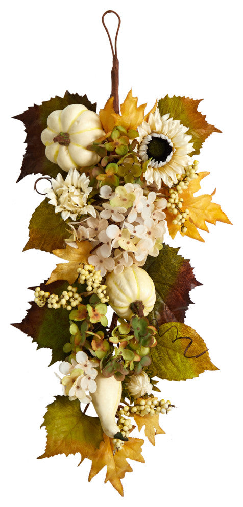 33" Fall Sunflower, Hydrangea and White Pumpkin Artificial Autumn Teardrop