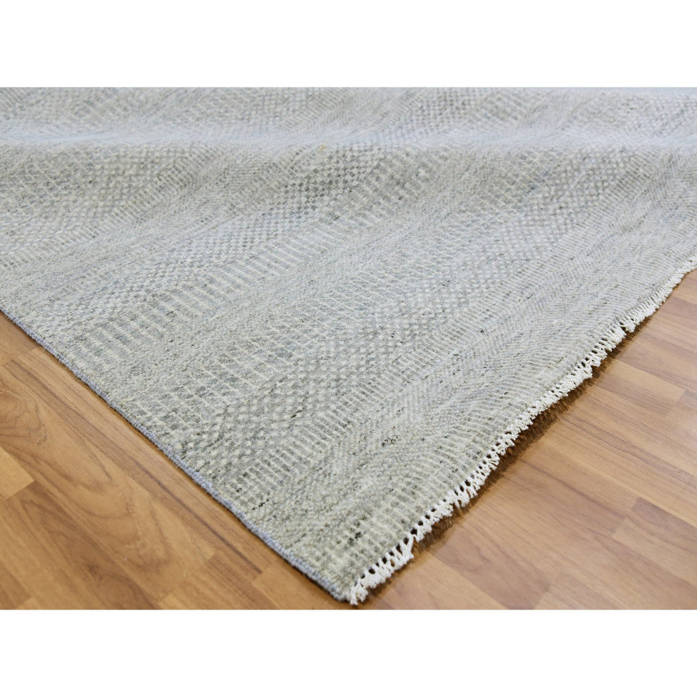 Gray Undyed 100% Wool Modern Grass Design Hand Knotted Square Rug, 9'11"x10'