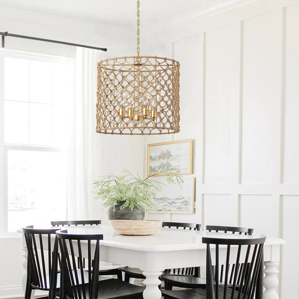 Gold 4-Light Adjustable Pendant Light Fixture With Hemp Rope Woven Craft