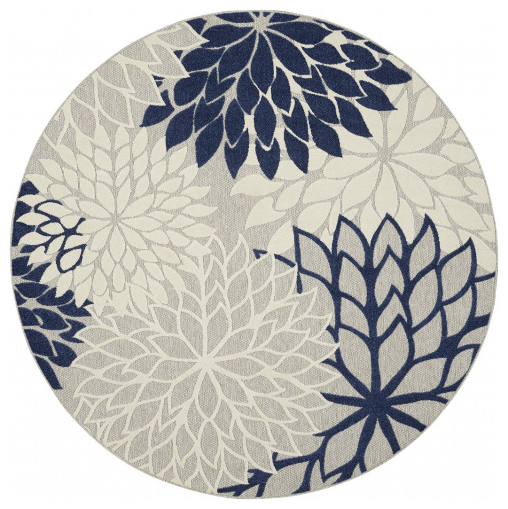 8' Round Ivory And Blue Round Floral Indoor Outdoor Area Rug