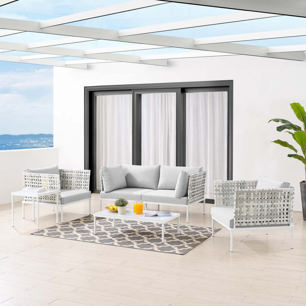 Lounge Sectional Sofa Chair Table Set, Sunbrella, Aluminum, Gray, Outdoor