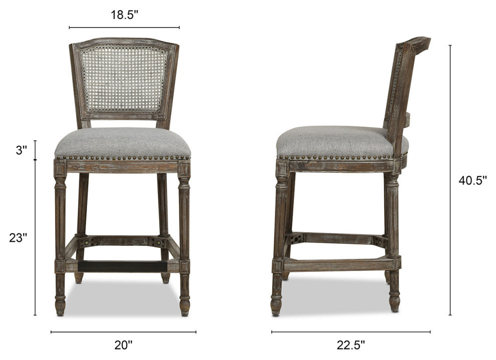 Triomphe 26.5" Oak Rattan Wicker Counter Stool, Heathered Gray Linen