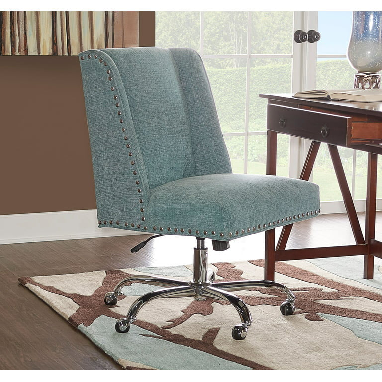 Unique Office Chair, Cushioned Seat & Nailhead Trim Accents, Aqua Fabric