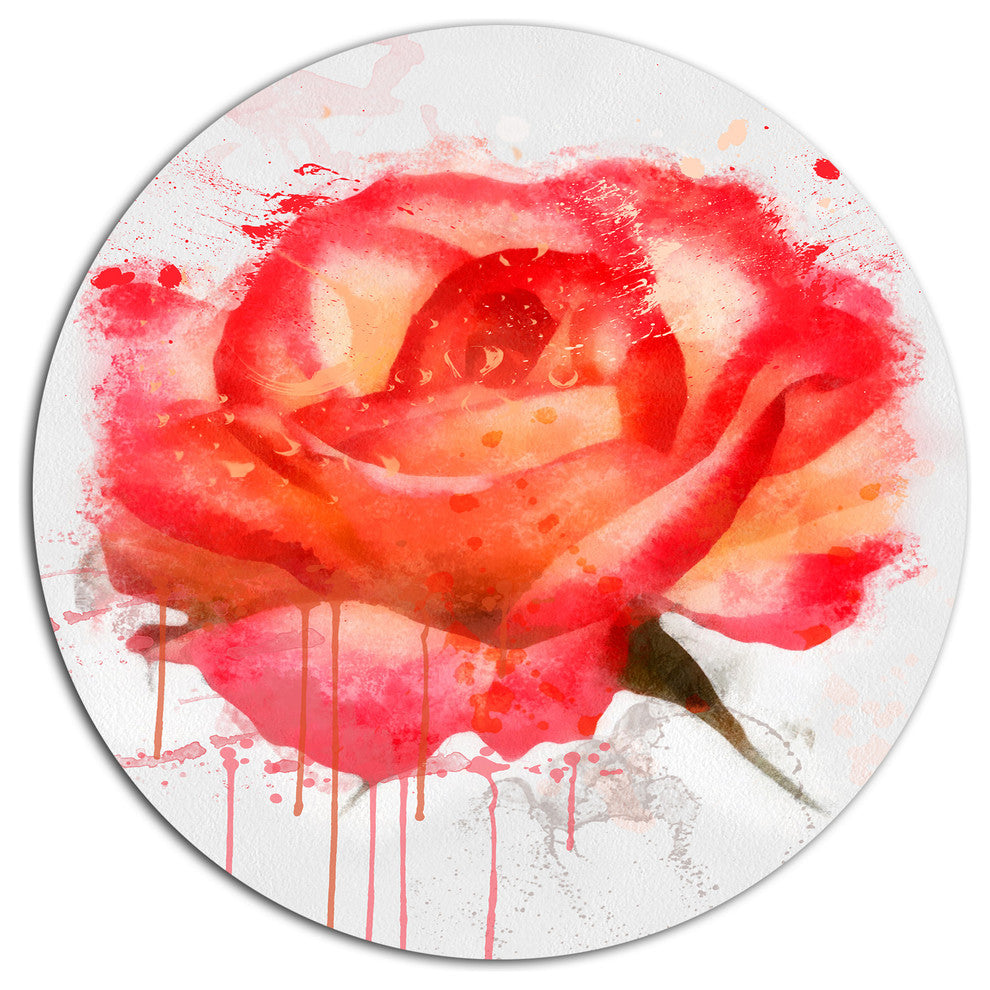 Red Rose Hand-Drawn With Splashes, Floral Disc Metal Artwork, 23"