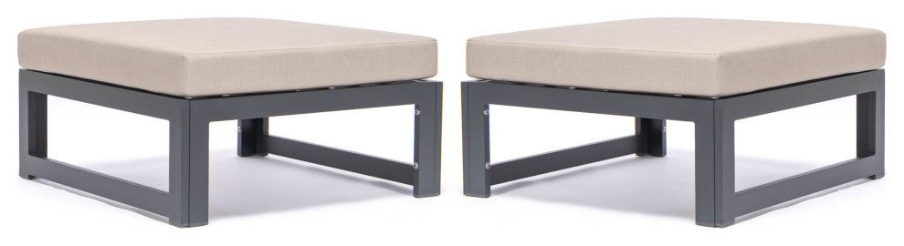 LeisureMod Chelsea Outdoor Black Ottomans With Cushions Set Of 2, Beige