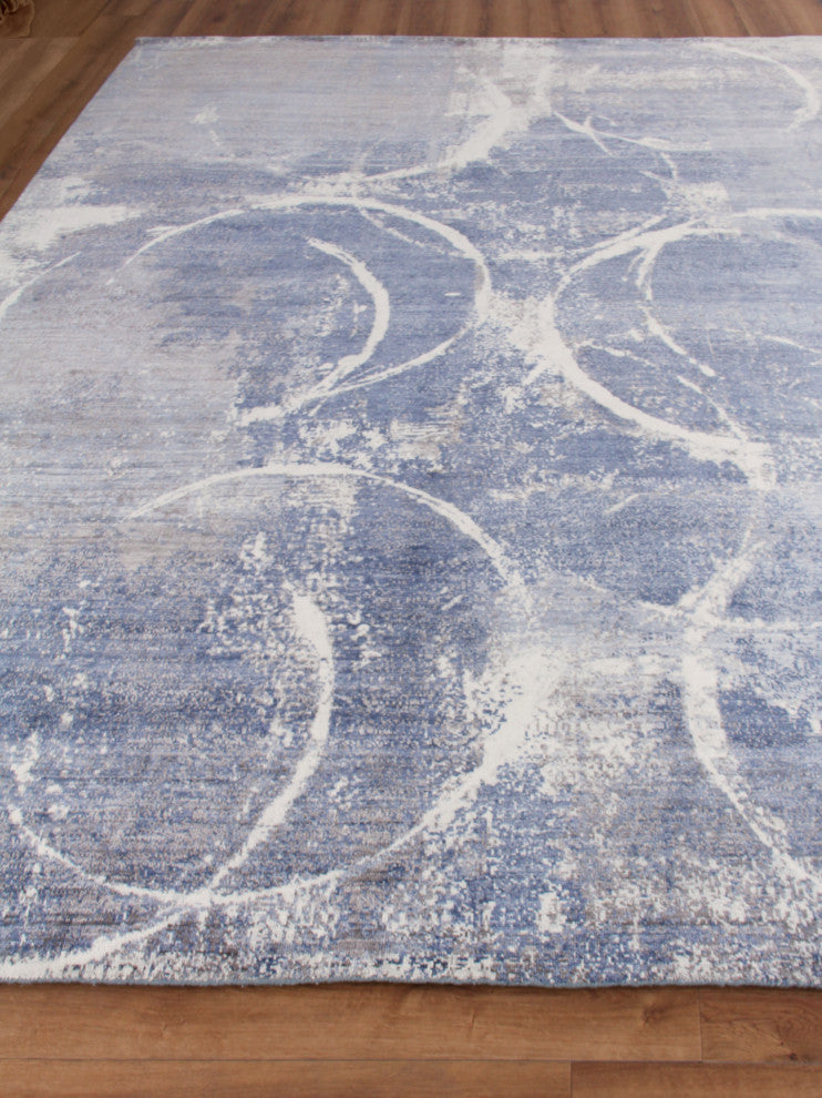 Fine Pure Silk Hand-Knotted Silk Blue/Gray/Ivory Area Rug