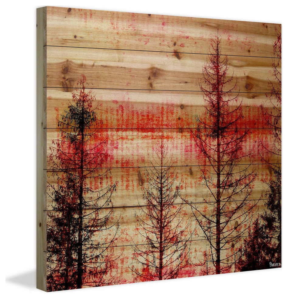 "Red Enchanted Forest" Print on Natural Pine Wood, 32"x32"