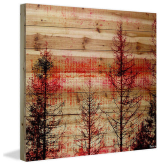 "Red Enchanted Forest" Print on Natural Pine Wood, 32"x32"