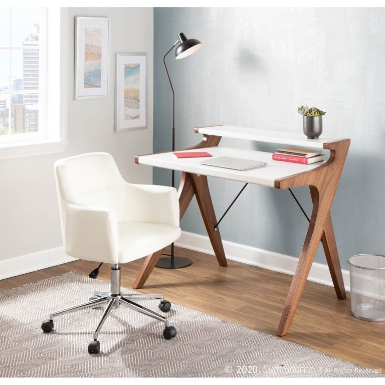 Contemporary Desk, X-Shaped Legs With Wooden Top & Open Shelf, Walnut/White