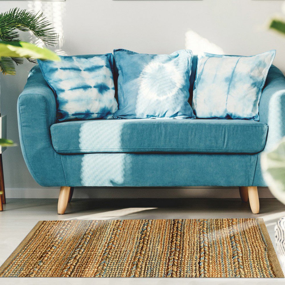 5" x 7" Seafoam and Tan Braided Stripe Area Rug