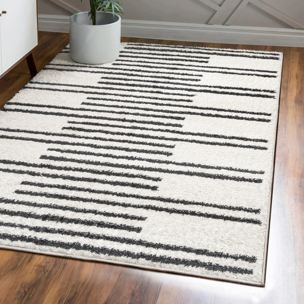 Petra Stripe Geometric Shag, White/Black, 3x5