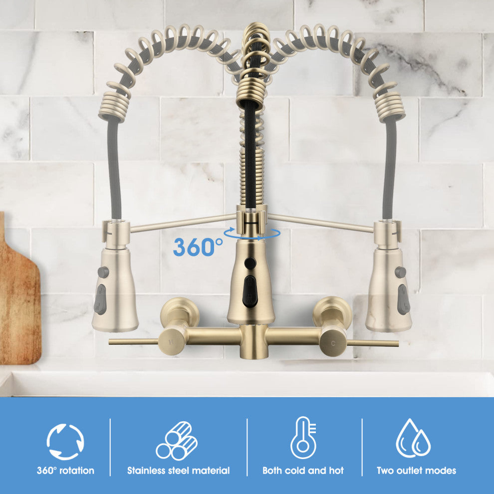 Wall Mounted Bridge Kitchen Faucet, Brushed Gold