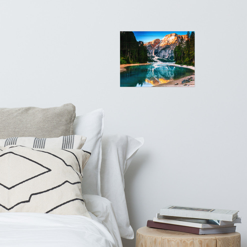 Faux Wood Misty Lake and Snow-cap Mountain Reflections Unframed Wall Art Prints, 12" X 16"