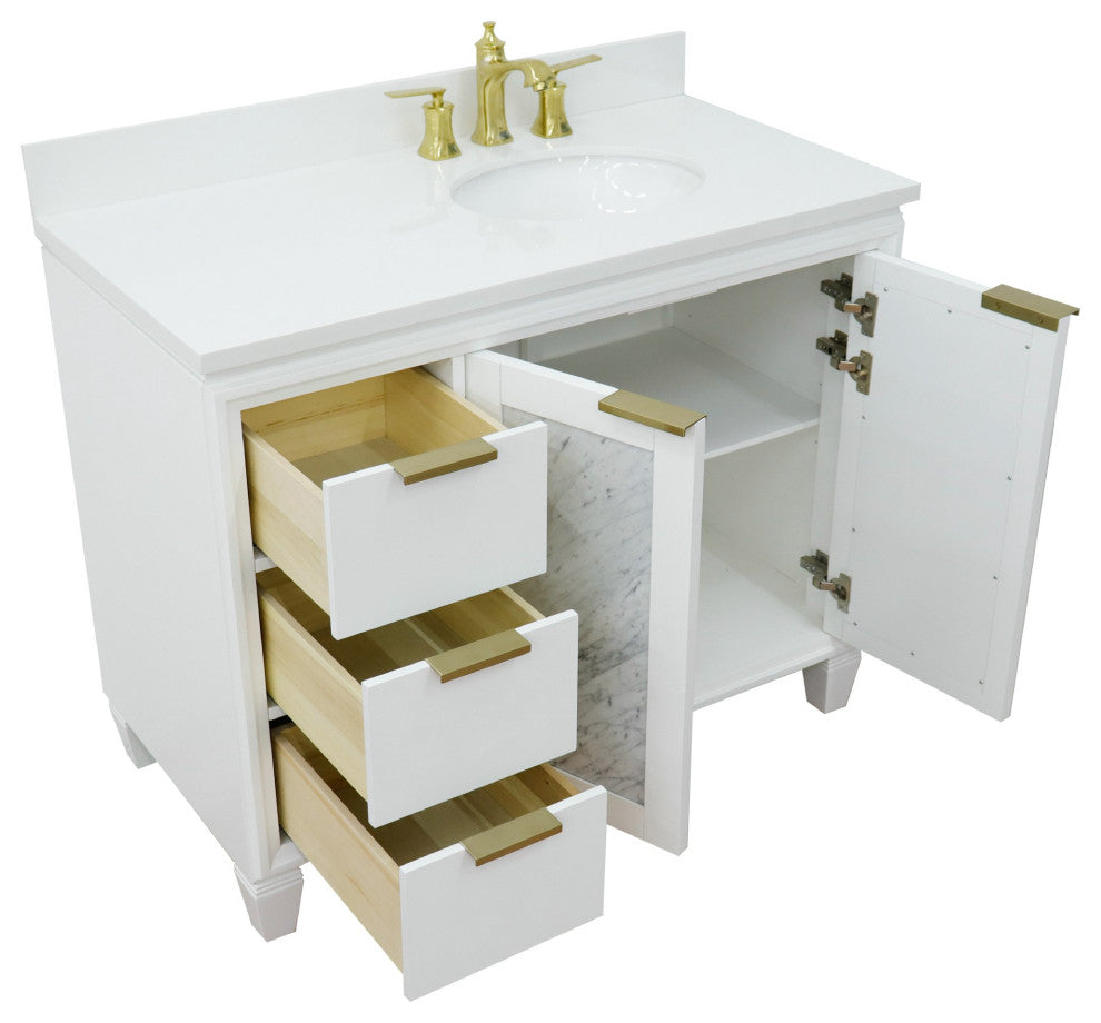 43" Single Vanity, White Finish With White Engineered Stone Top