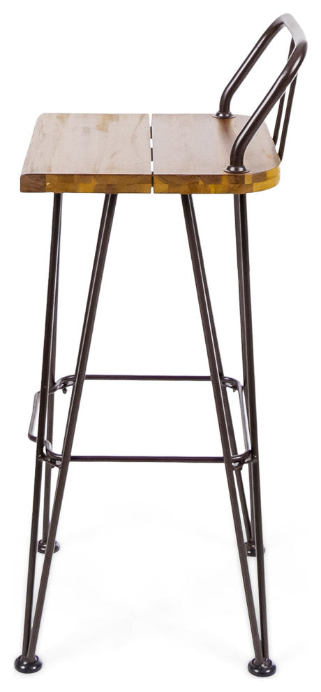 GDF Studio Outdoor Teak Finish Acacia Wood Barstools With Iron Frame, Set of 2