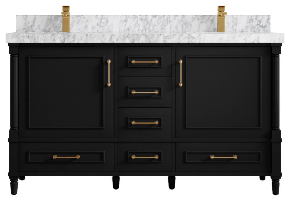Aberdeen 60 Double Bathroom Vanity in Black 2" Carrara Marble