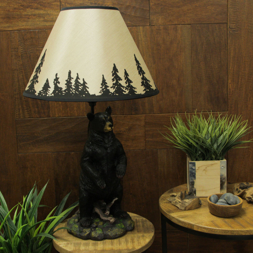 Standing Grizzly Bear Table Resin Lamp with Silhouette Forest Shade