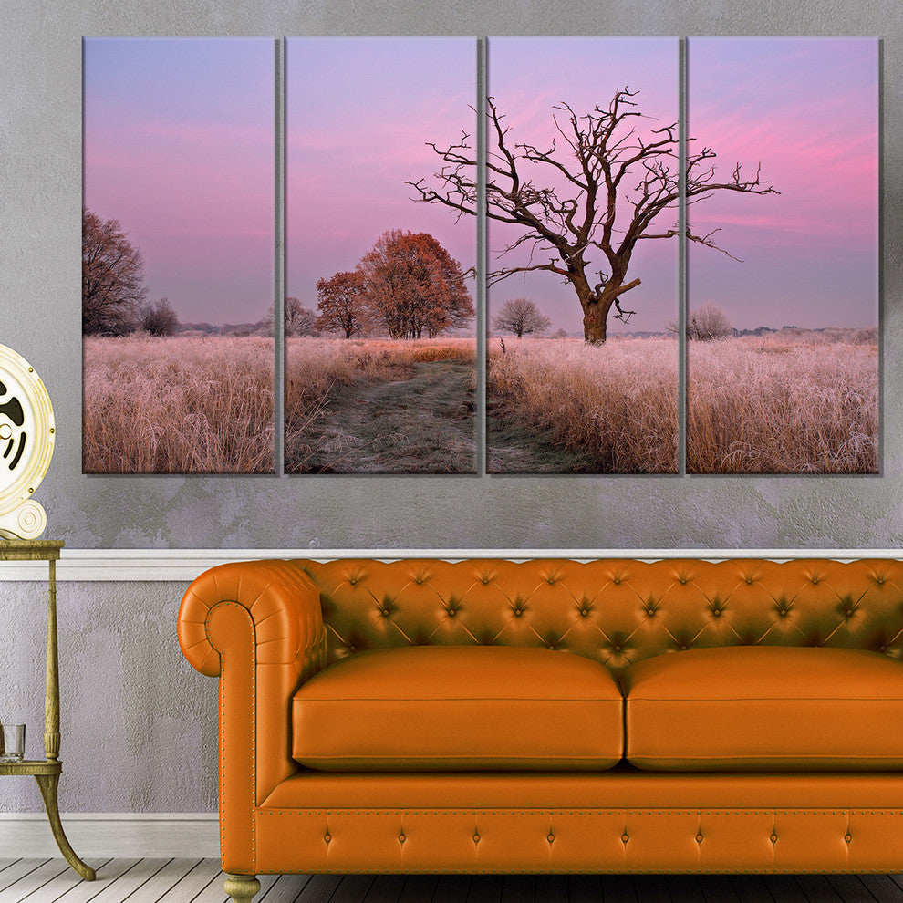 "Fairy Autumn Sunrise With Lonely Tree" Landscape Wall Art, 4 Panels, 48"x28"