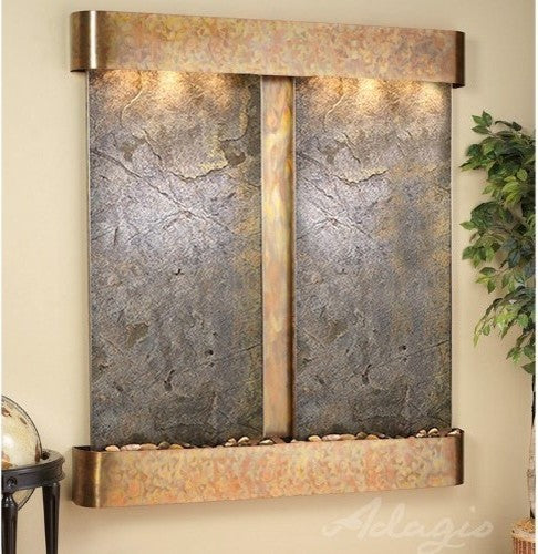 Cottonwood Falls Wall Fountain, Rustic Copper, Green Featherstone, Round Frame