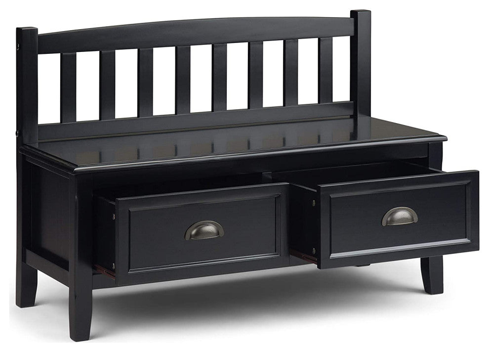 Armless Storage Bench, Slatted Back and 2 Drawers With Cup Pulls, Black
