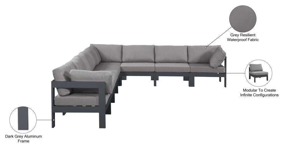Nizuc Water Resistant Patio L-Shaped Modular Sectional, Gray, 8-Piece: 5 Armless Chair, 3 Corner Chair, Dark Gray Aluminum Frame