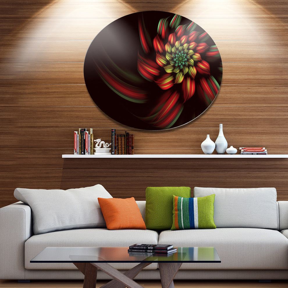 Red Abstract Fractal Flower Spiral, Flower Disc Metal Artwork, 36"