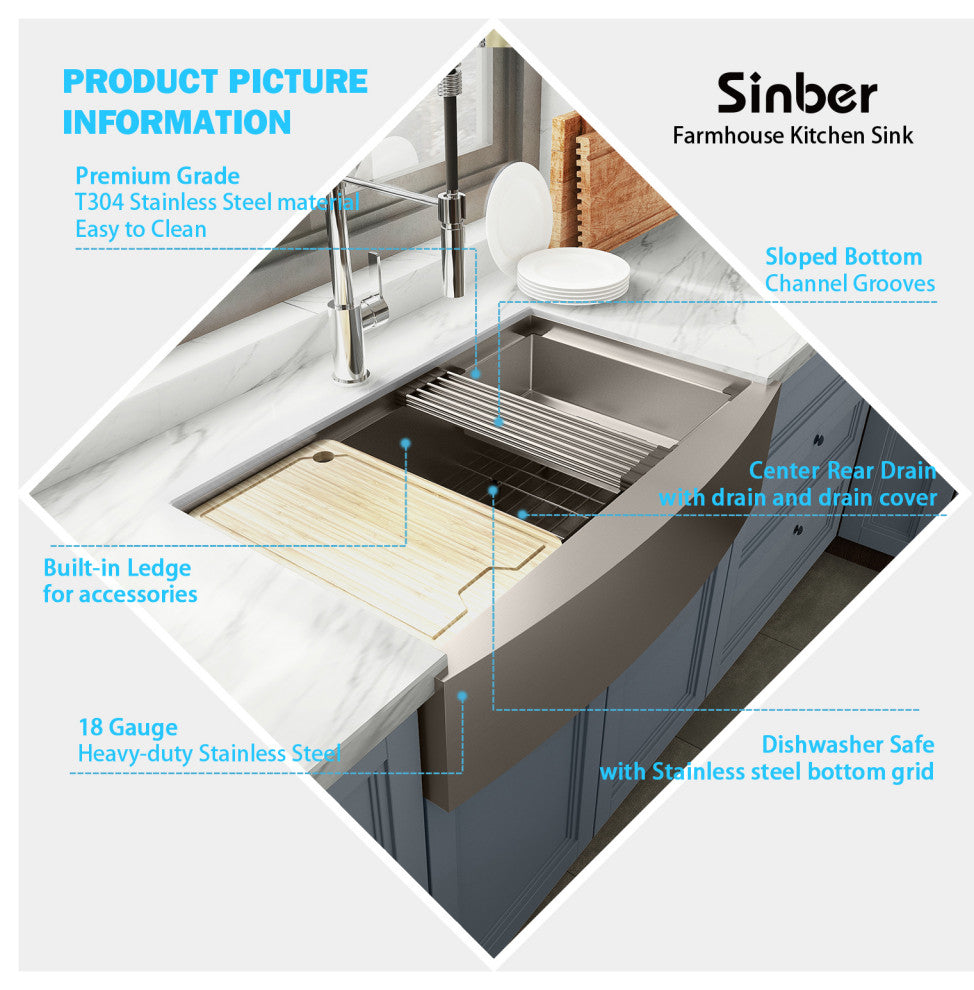Sinber Single Bowl Kitchen Sink with 304 Stainless Steel Satin Finish, 33"x21" Workstation, Apron/Farmhouse