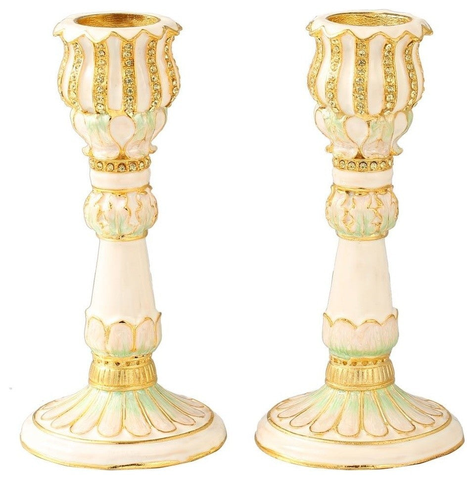Shabbat Candlestick (2-Piece Set) Hand-Painted  Gold-Plated Pewter