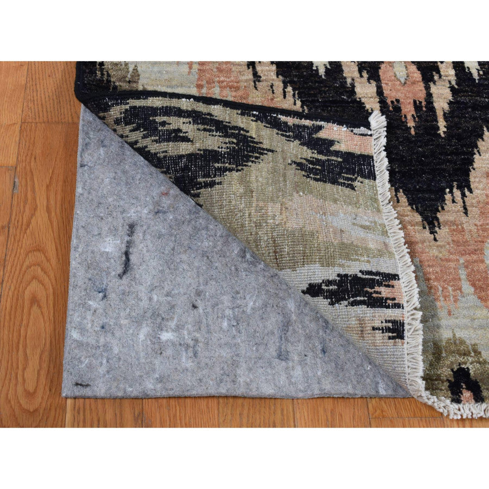 Eerie Black 100% Wool Ikat Uzbek Design Hand Knotted Oriental Rug 9'1" x 13'