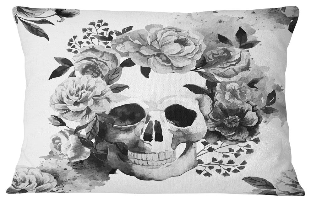 Peony Watercolor Skull Abstract Throw Pillow, 12"x20"