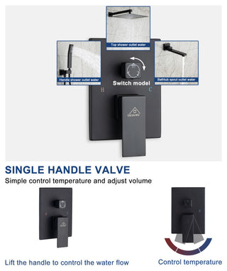 CASAINC 10" Ceiling Mounted Shower System Set w Handheld Spray & Tub Spout, Matte Black