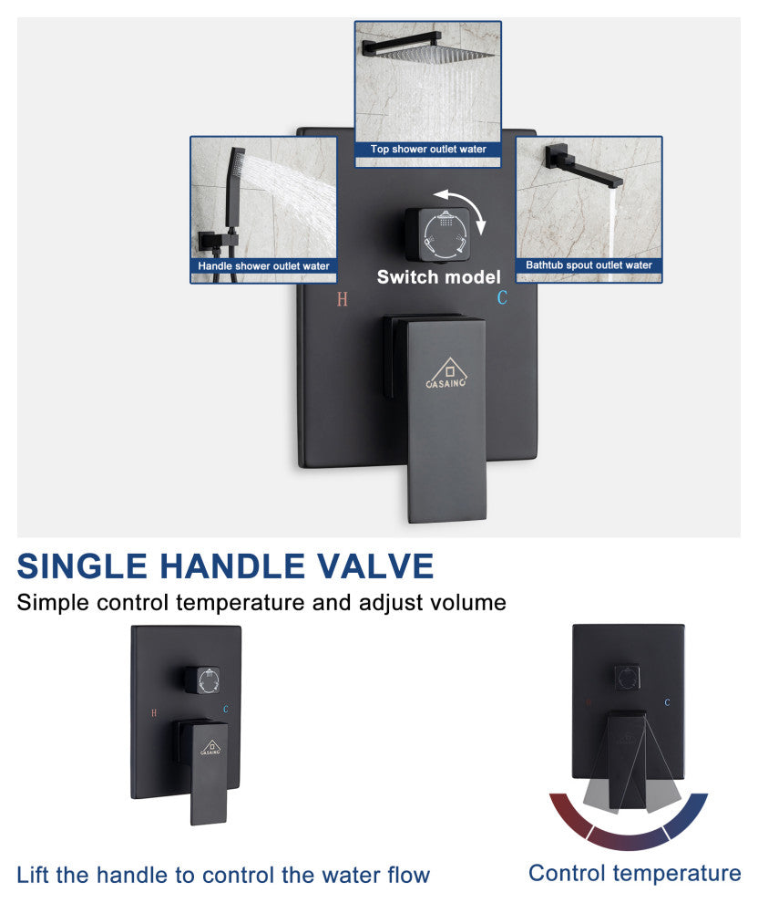 CASAINC 10" Ceiling Mounted Shower System Set w Handheld Spray & Tub Spout, Matte Black