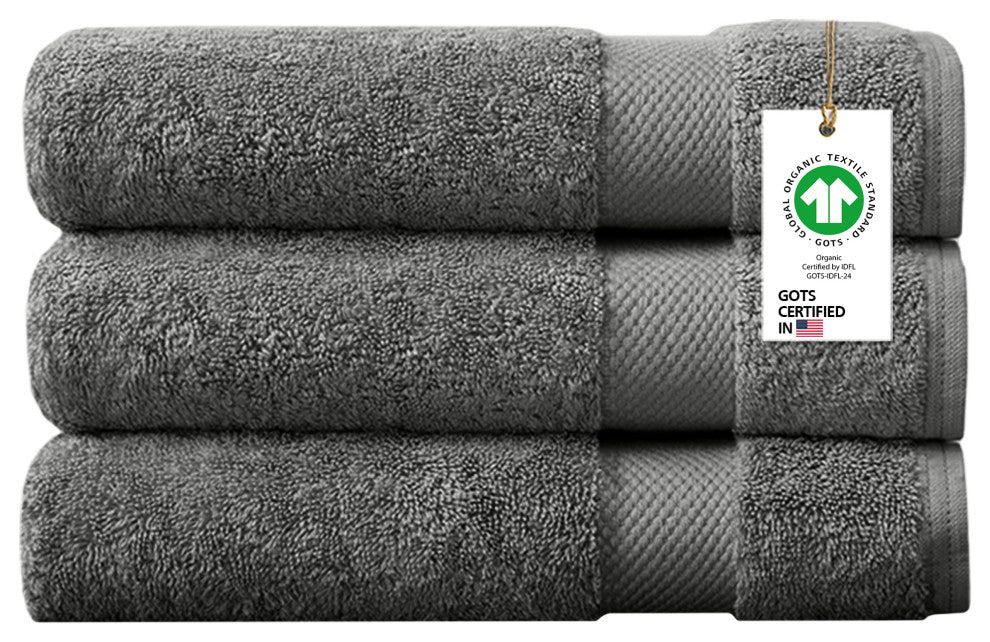 Organic Cotton 650 GSM Plush Feather Touch Quick Dry Bath Sheet, Sharkskin Grey, Pack of 3
