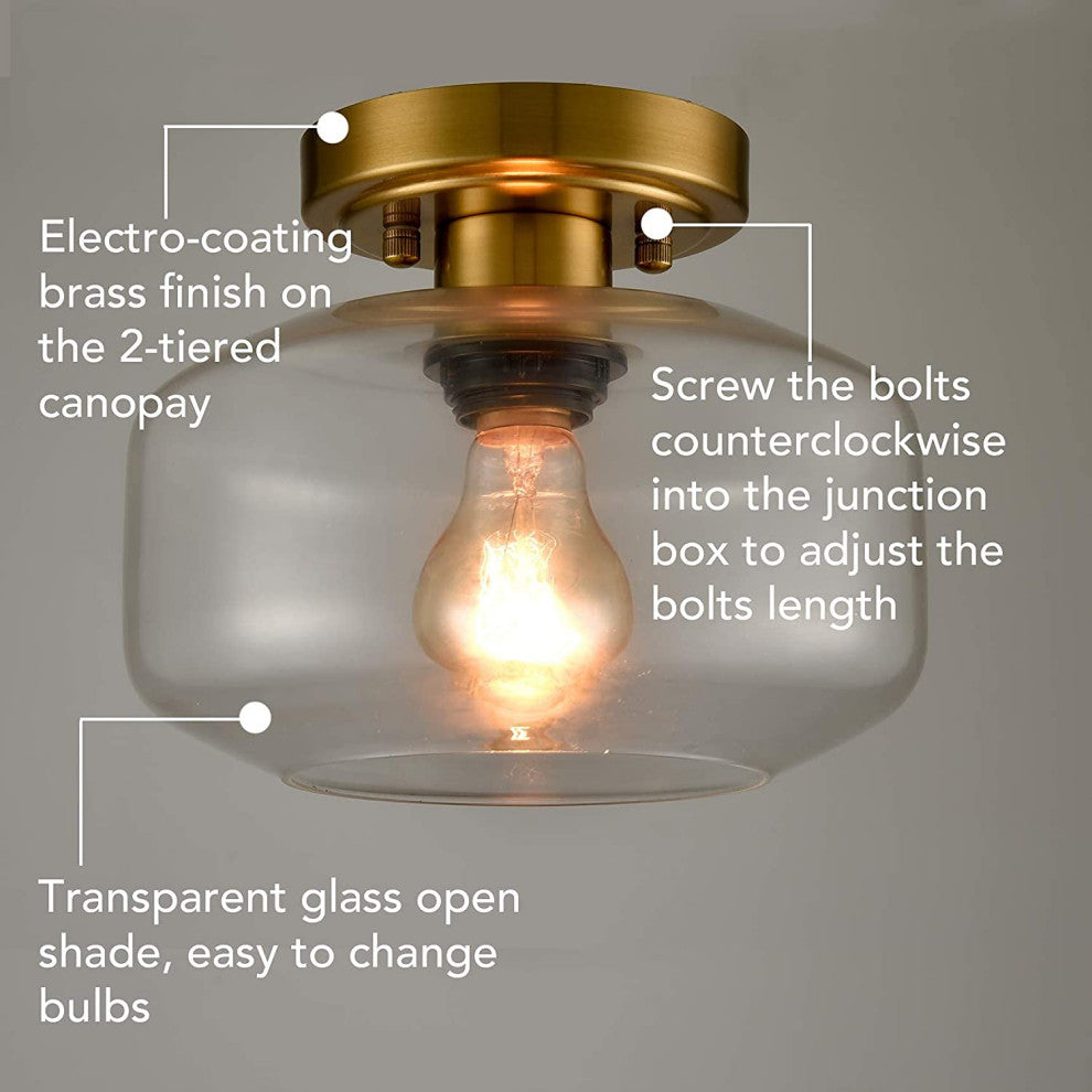Modern Semi Flush Lighting Fixture Glass Ceiling Lamp, Brass Finish