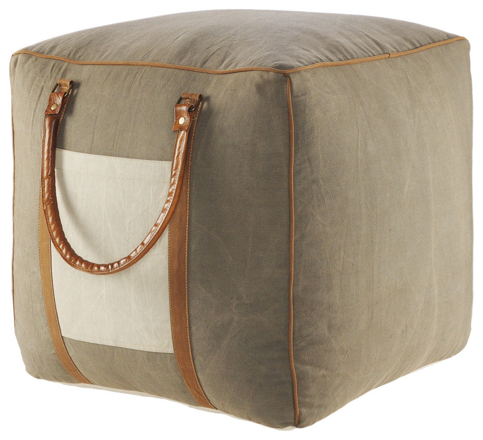 Modern Farmhouse Pouf with Leather Handles