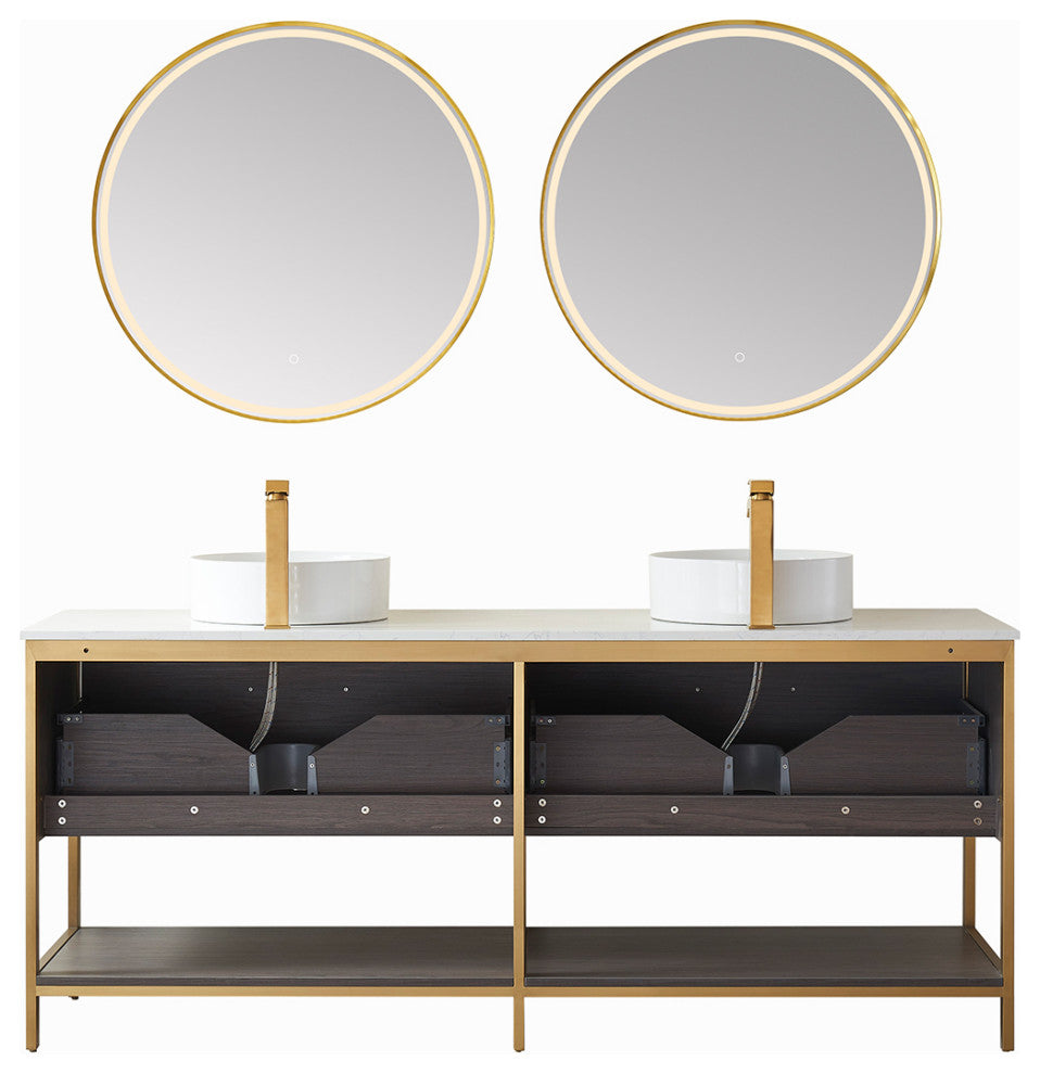 Murcia Vanity With White Stone Countertop, Suleiman Oak, 72", With Mirror