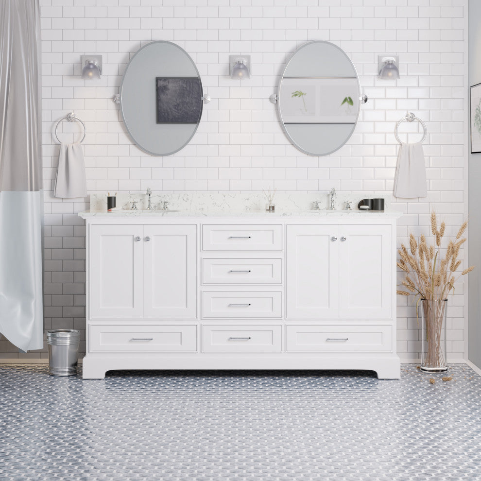 Harper 72" Double Bathroom Vanity, White, Engineered Marble
