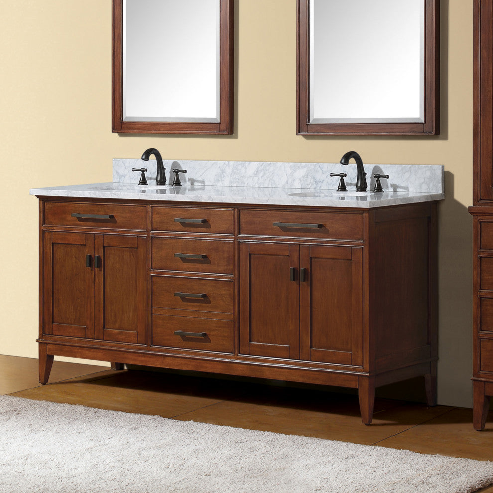 Avanity Madison 73" Double Vanity, Tobacco Finish, Carrera White Marble Top