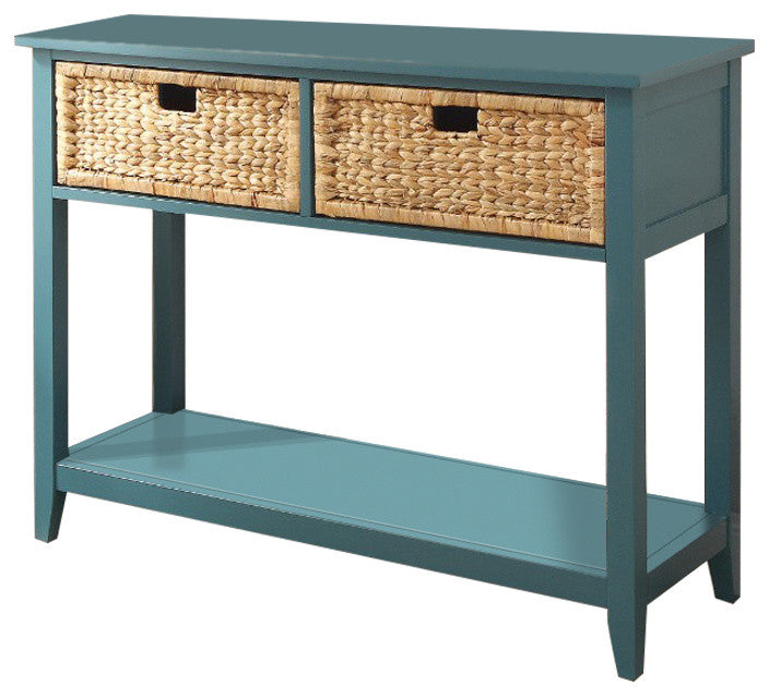 Benzara BM154249 2 Weave Front Drawer Wooden Console Table With Open Shelf, Blue