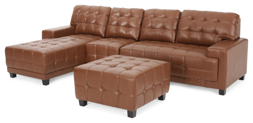 Littell Faux Leather 4 Seater Sofa, Chaise Sectional, Ottoman, Cognac + Dark Bro