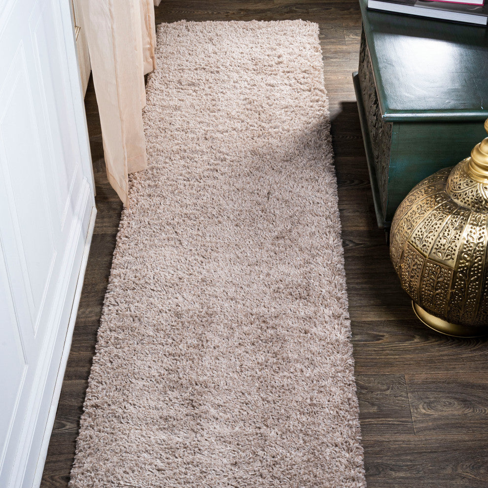 Groovy Solid Shag Rug, Beige, 2x8